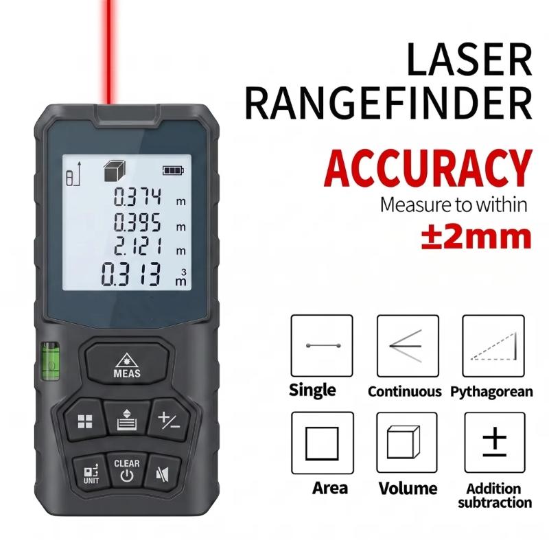 Handheld Distance Measurer with Display Screen, Level Bubble and Keypad Control for Home Improvement and Interior Planning