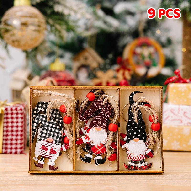 9/12PCS Wooden Christmas Decorations Set - Pure Wood Pendants Xmas Tree Ornaments