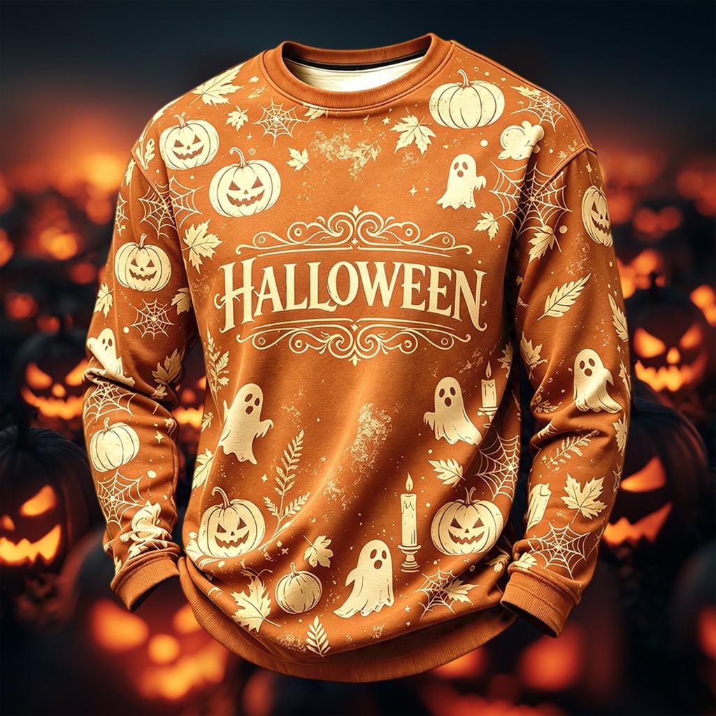 Men's Casual Round Neck Long Sleeve Top with Halloween Print