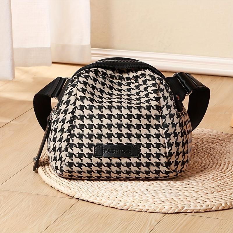 Women'S Houndstooth Crossbody Waist Bag Adjustable Strap, Zipper Closure, Ideal for Outdoor Travel, Hiking, And Daily Use