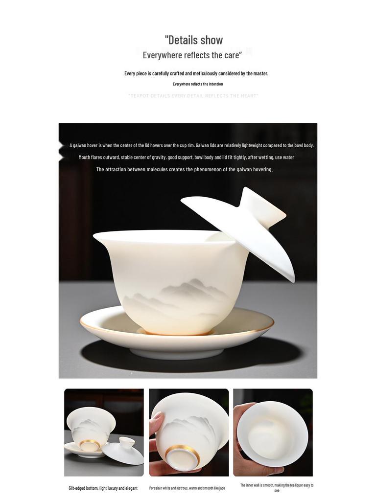 Kung Fu Mutton Fat Jade Gaiwan Teapot Set - Gold-Painted Luxury Tea Set