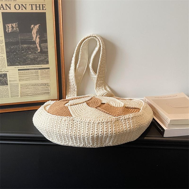 Women's Boho Crochet Round Bag Handwoven Floral Tote Bag Large Capacity Shoulder Bag for Beach Travel Daily Bohemian Style