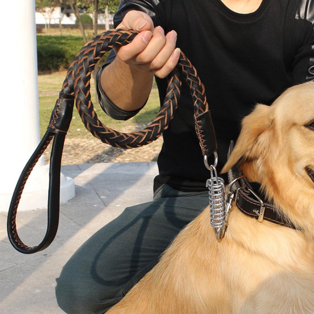 Leather Dog Leash For Large Dogs Strong Leather Braided Dog Leash With Buffer Spring Pet Traction Rope For German Shepherd Dog