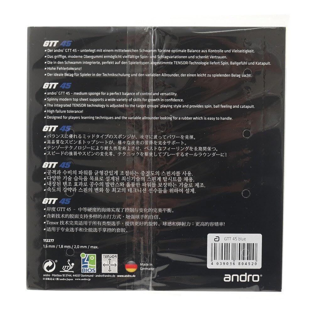 Andro Japan Table Tennis Light Tension Inverted ITTF Table Tennis Blue 110022077 (andro) Rubber, GTT45, Soft, (International Federation) Approved,