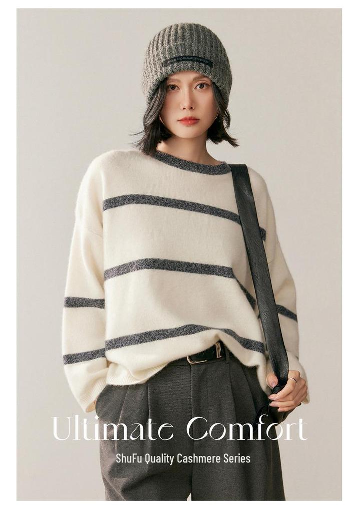 Women's Striped Cashmere Knit Top - Loose Fit, Round Neck, Soft, Versatile Fashion for Autumn/Winter.