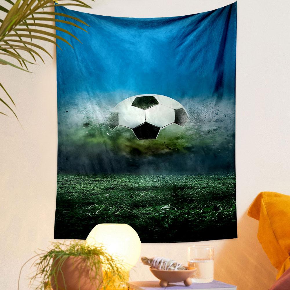 Soccer Ball on Grass with Blue Sky Patterned tapestry home decor, suitable for bedroom and living room, gift