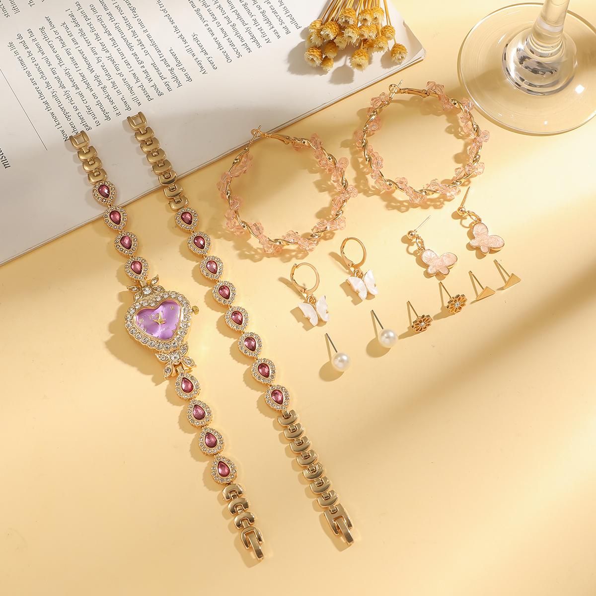 

Fashion Heart Dial Butterfly Water Drop Steel Band with Diamond Women s Quartz Watch Jewelry Set 14 Piece Set for Holiday Gifts фиолетовый