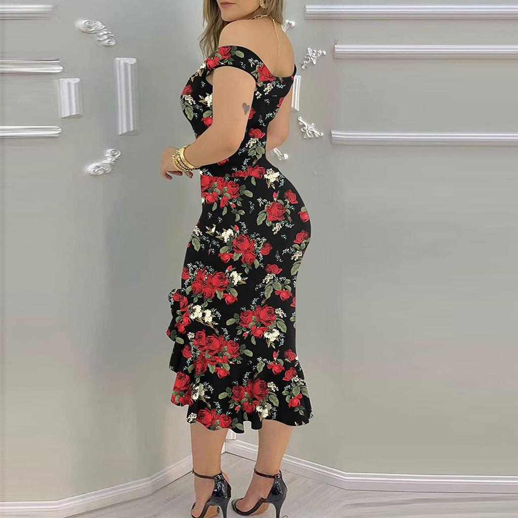 Fashion Women's Loose Sexy Prints One Shoulder Irregular  Ruffle Hip Dress