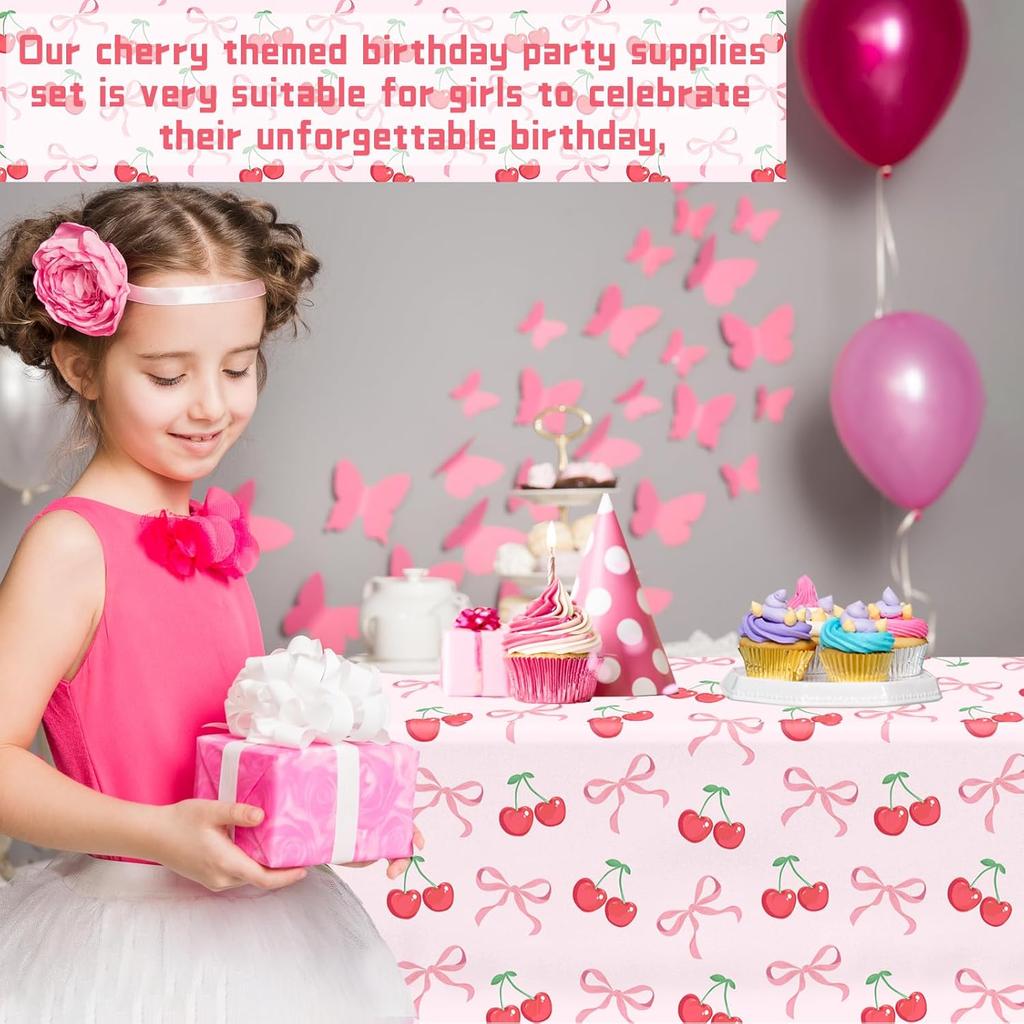 Bow Table Cloth,2 PCS Cherry Tableclothes,Pink Bow Waterproof Disposable Plastic Tablecovers for Birthday Bridal/Baby Shower Cherry-Themed Party