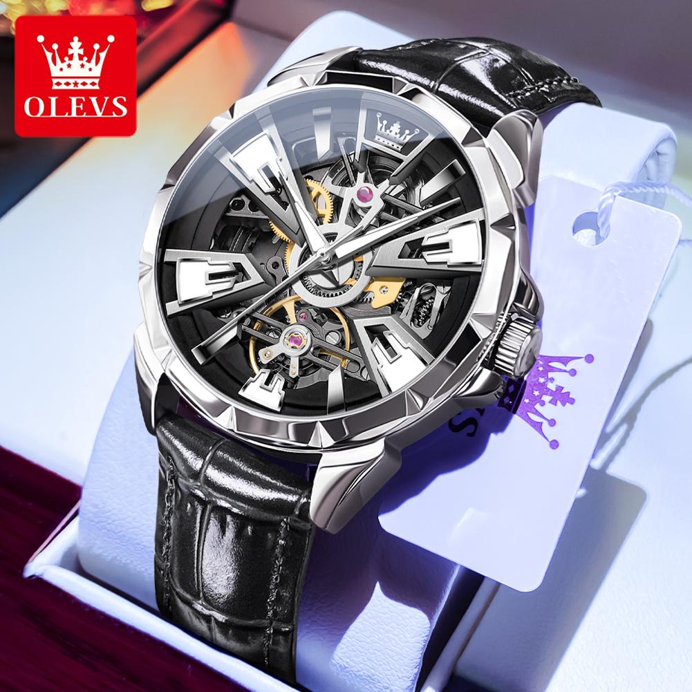 OLEVS New Skeleton Automatic Man Watch Original Leather Strap Hollowed Fashion Men's Mechanical Watch Waterproof Watches for Men