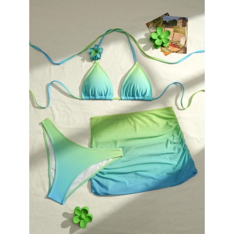 Gradient Color Sexy Bikini Set Women Halter Push Up Bra Skirt 3 Piece Swimsuit Bathing Suit Cover Up Swimwear Biquini