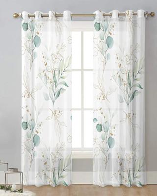 Cortinas transparentes de gasa con hojas verdes de eucalipto para decoración de sala de estar, dormitorio y cocina.