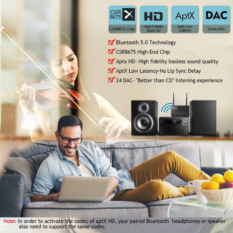 Bluetooth 5.4 Qualcomm Solution Receiver and Transmitter 2-in-1 AUXRCA Car TV APTX Adaptive