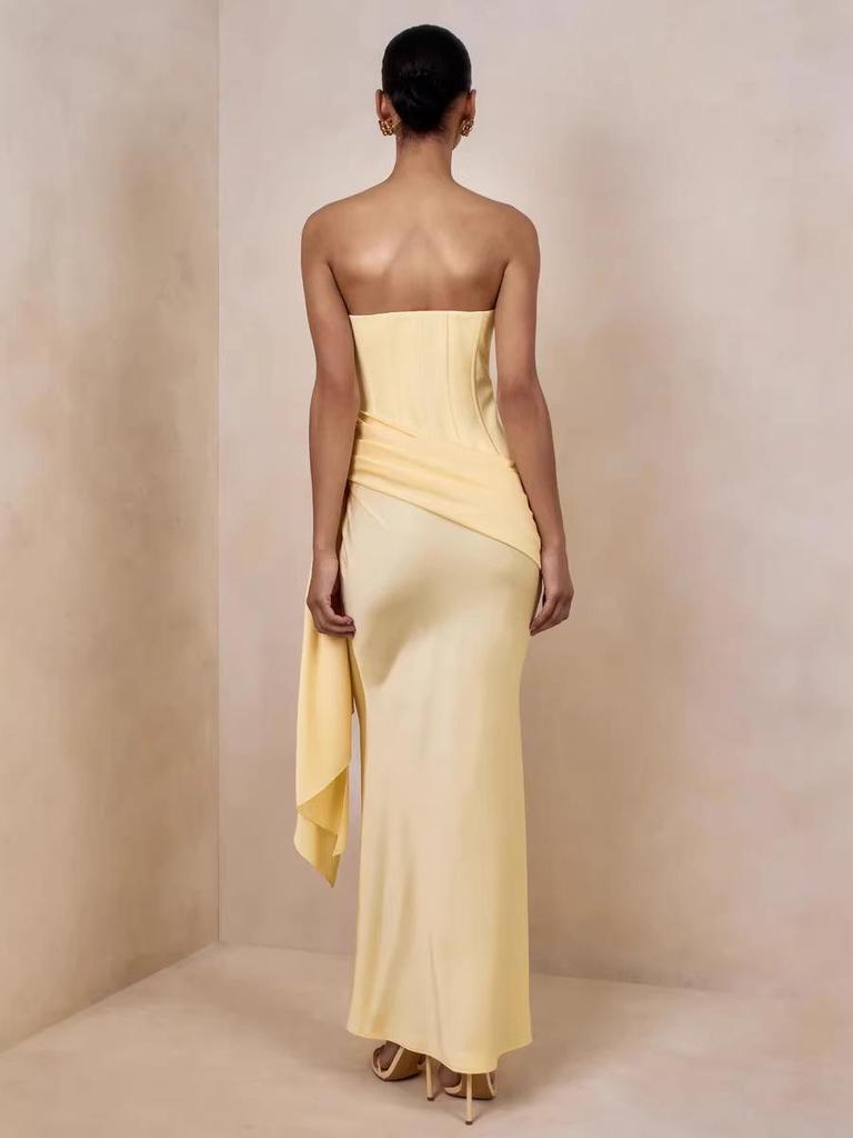 2026 Elegant Strapless Waist-Cinching Formal Dress - European & American Style, Solid Color, Irregular Design