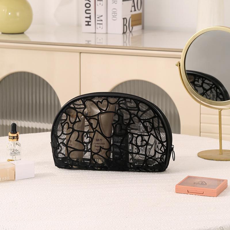 Mesh Flocked Heart Tote: Large, Washable, Transparent Handheld Makeup & Storage Bag
