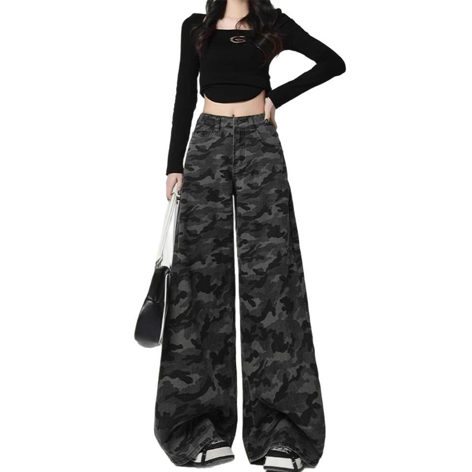 High-waisted Workwear Denim Camouflage Wide-legged Trousers Female Loose Straight Big Yards Casual Trousers Jeans for Women Long Denim Pants