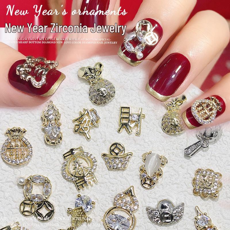 Nail Art Scintillante di Zirconia per Capodanno: Borsa del Denaro Attira-Ricchezza, Zucca di Lusso con Diamanti e Ornamenti per Unghie Oro/Argento