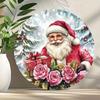 Vintage Santa Floral Art Tin Sign Pink Roses Round Wall Decor Holiday Gift