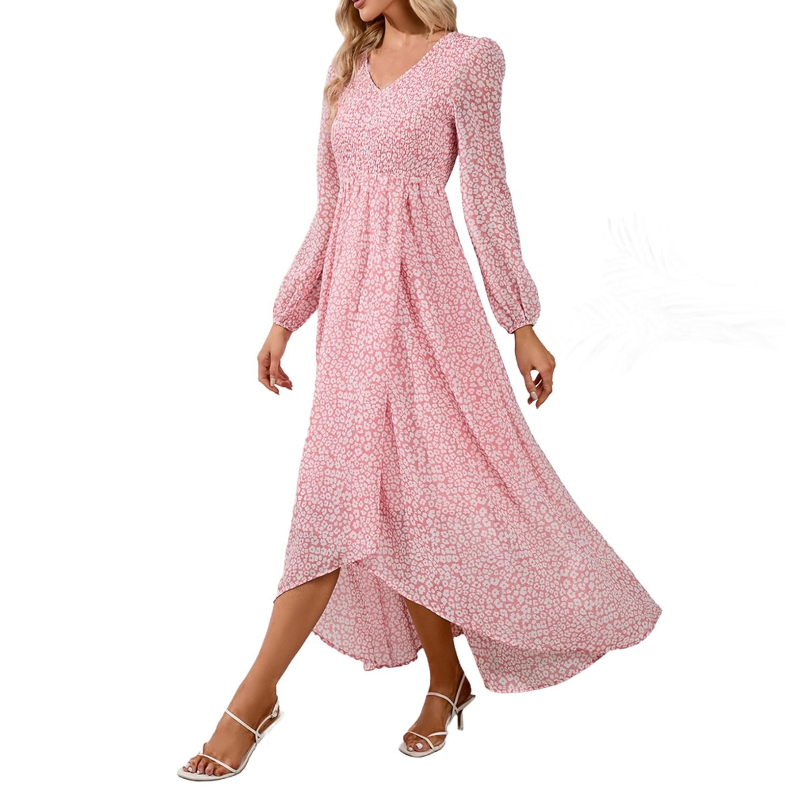 

Женское повседневное свободное платье с v-образным вырезом и коротким рукавом с разрезом и принтом XL розовый