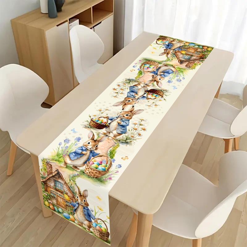 Vintage Easter Bunny Table Runner Polyester Rabbit Eggs Flower Table Flag Easter Decorations For Home Kitchen Dining Table Decor