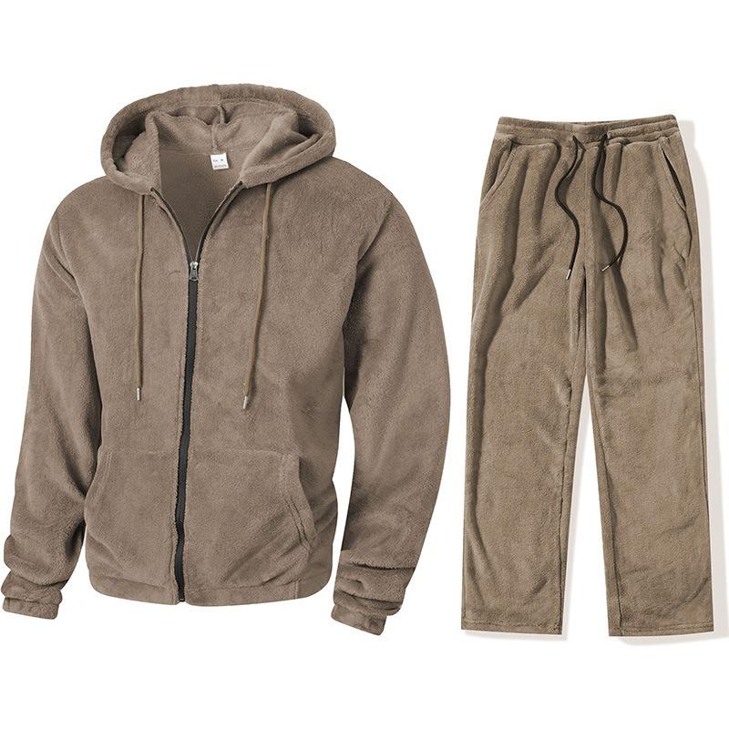 Solid Fleece Lined Drawstring Hooded Top And Long Pants Two Piece Casual Mens Set