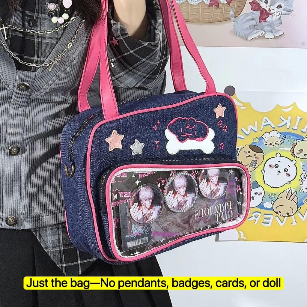 Y2K Cute Denim Ita Bag Girl Transparent Messenger Bag Women Fashion Shoulder Crossbody Bag Lady DIY Badge Totebag Lolita Handbag