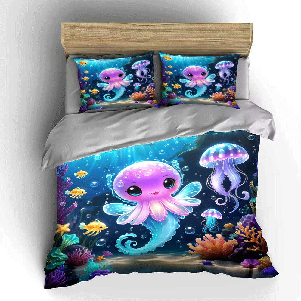 Underwater Fantasy Jellyfish Set Perfect For Ocean-Themed Decorations, Kids' Rooms. Exquisite Three-Piece Bedding Set Gift