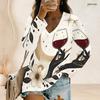 Women Plus Size V Neck Long Sleeve White Star Moon Printed Top Curved Hem With Pockets