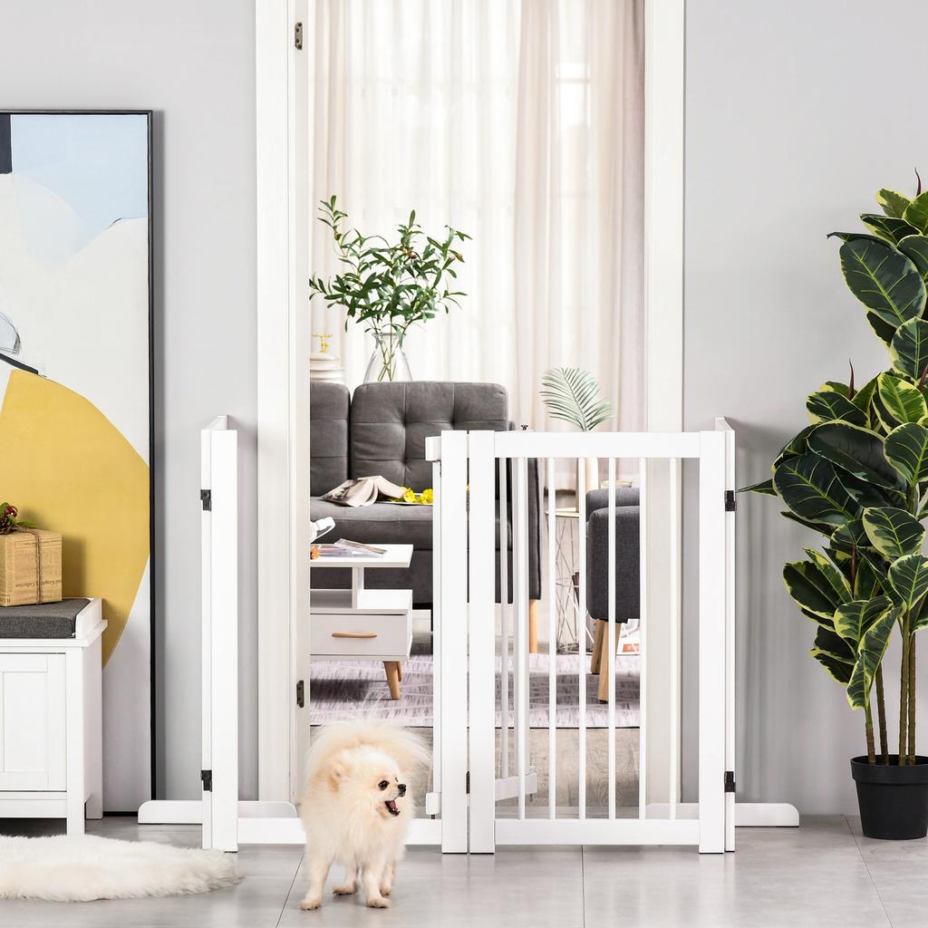Freestanding Pet Gate 4 Panels Wooden Dog Safety Fence Foldable with Support Feet for Doorway Stairs 91cm Tall White