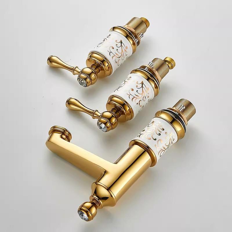 Tuqiu Gold Ceramic Bathroom faucet widespread Brass Basin faucet Tap luxury Basin Mixer Hot And Cold shower room sink Faucet