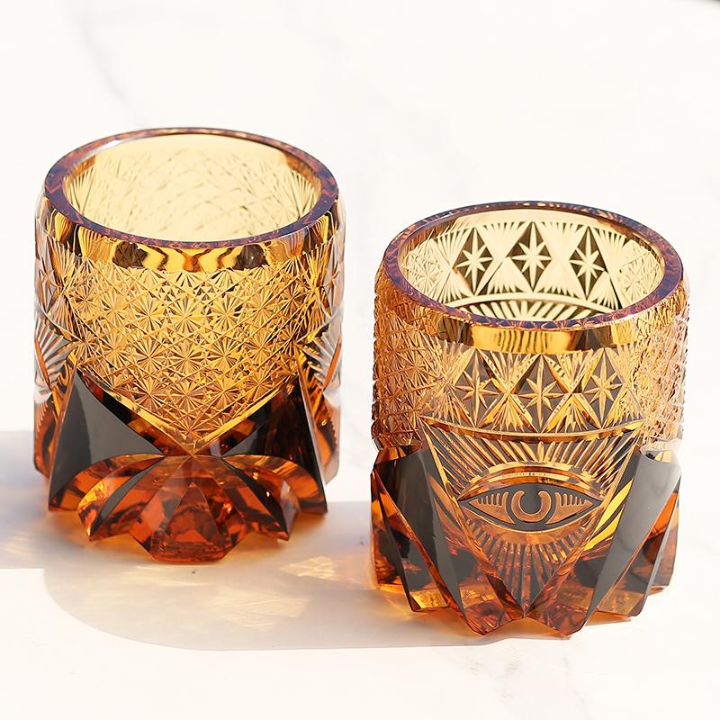 220 Ml New Edo Kiriko Hand Engraved God'S Eye Whiskey Tumbler Amber Luxury Man'S Style Heavy Black Old Fashioned Glass