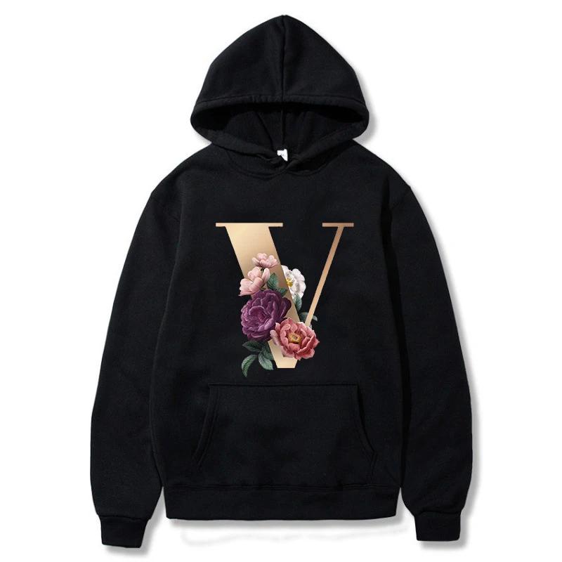 A B C D E English Alphabet Printed Female Hoodie Women New Autunm Couples Lovers Long Sleeve Hoody Harajuku Casual Black Tops
