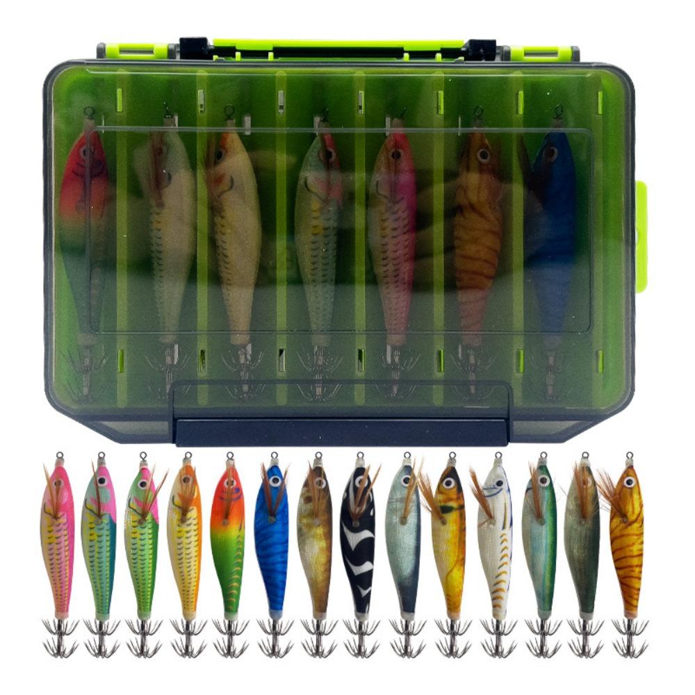 

14Pcs/Box Luminous Squid Jig Hook Set Horizontal Jig 10cm Size Shrimp Baits Realistic Saltwater Design Octopus Lure Ocean