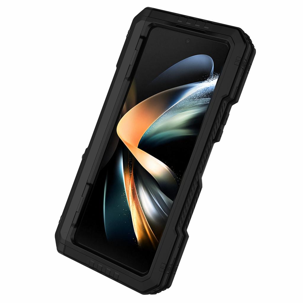 For Samsung Galaxy Z Fold4 5G Aluminium Alloy+Silicone Phone Case Shockproof Dustproof Kickstand Protective Cover with Screen Protector