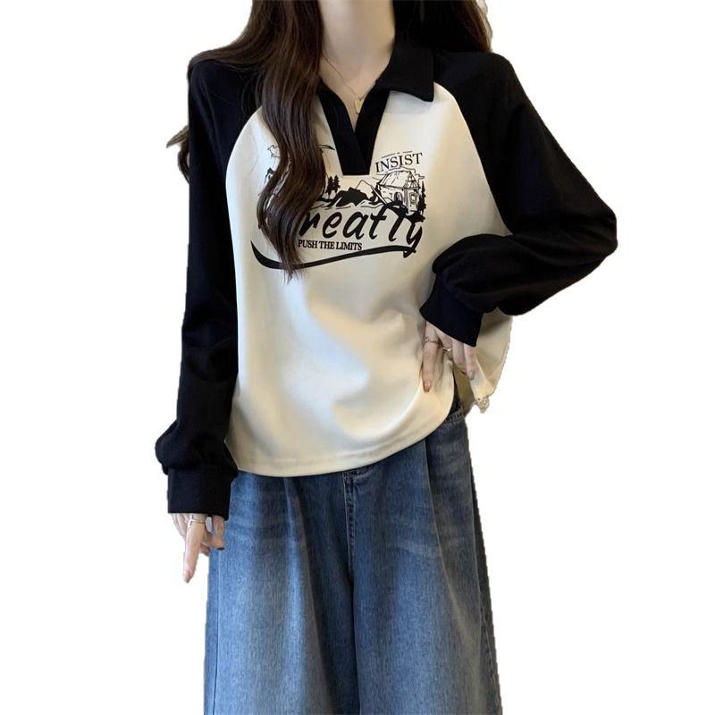 Women's Plus Size Retro Raglan Sleeve Hoodie with Polo Collar - Slimming, Loose Fit, Spring & Autumn Fashion