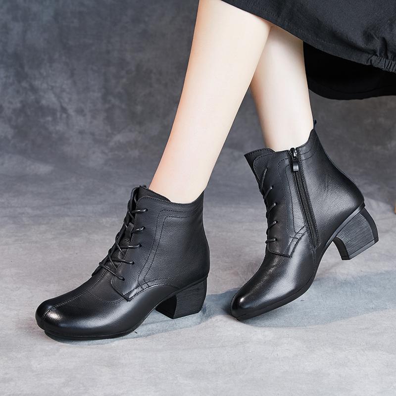 

GKTINOO Autumn Winter Warm Boots Women 2025 Retro Handmade Lace-up Genuine Leather Round Toe Women Thick Heel Ankle Boots 10