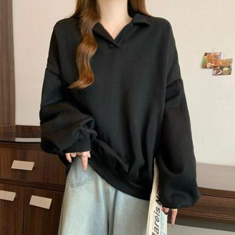Navava Women Basic Loose Fit Collar Long Sleeve Sweatshirt Nt3063