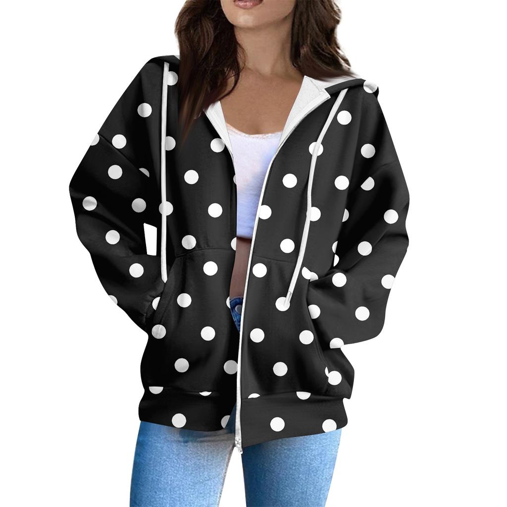 Sudadera con capucha para mujer, informal, de manga larga, con cremallera, estampado de lunares y rayas, ligera, para uso interior y exterior