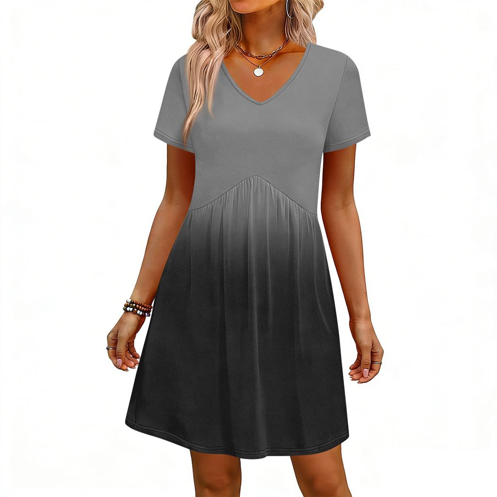 Modisches Damenkleid mit Print, V-Ausschnitt, kurzärmelig, locker, lässig, für den Strandurlaub