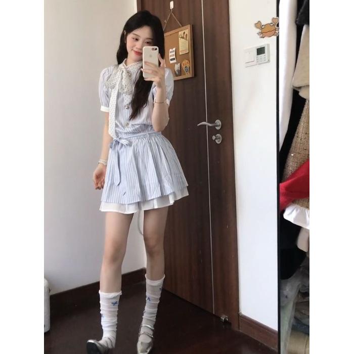 

Summer new splicing contrasting striped shirt short-sleeved dress women s summer new slim-fitting and thin commuter skirt S