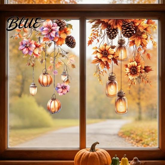 Decorative Holiday Window Maple Leaf Thanksgiving Clings Static Film Fall Autumn Pumpkin Floral Glass Reusable Stickers Decals Removable Harvest