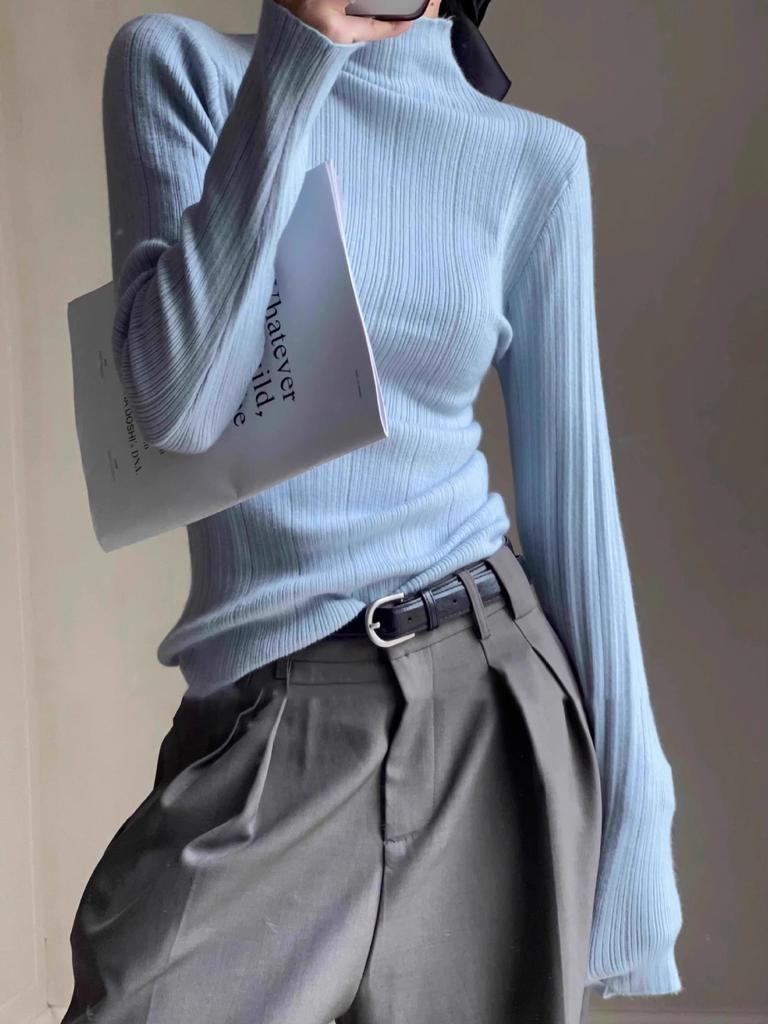 Thin knitted sweater women's inner spring semi-turtleneck temperament texture top slim-fitting sweet and spicy bottoming shirt
