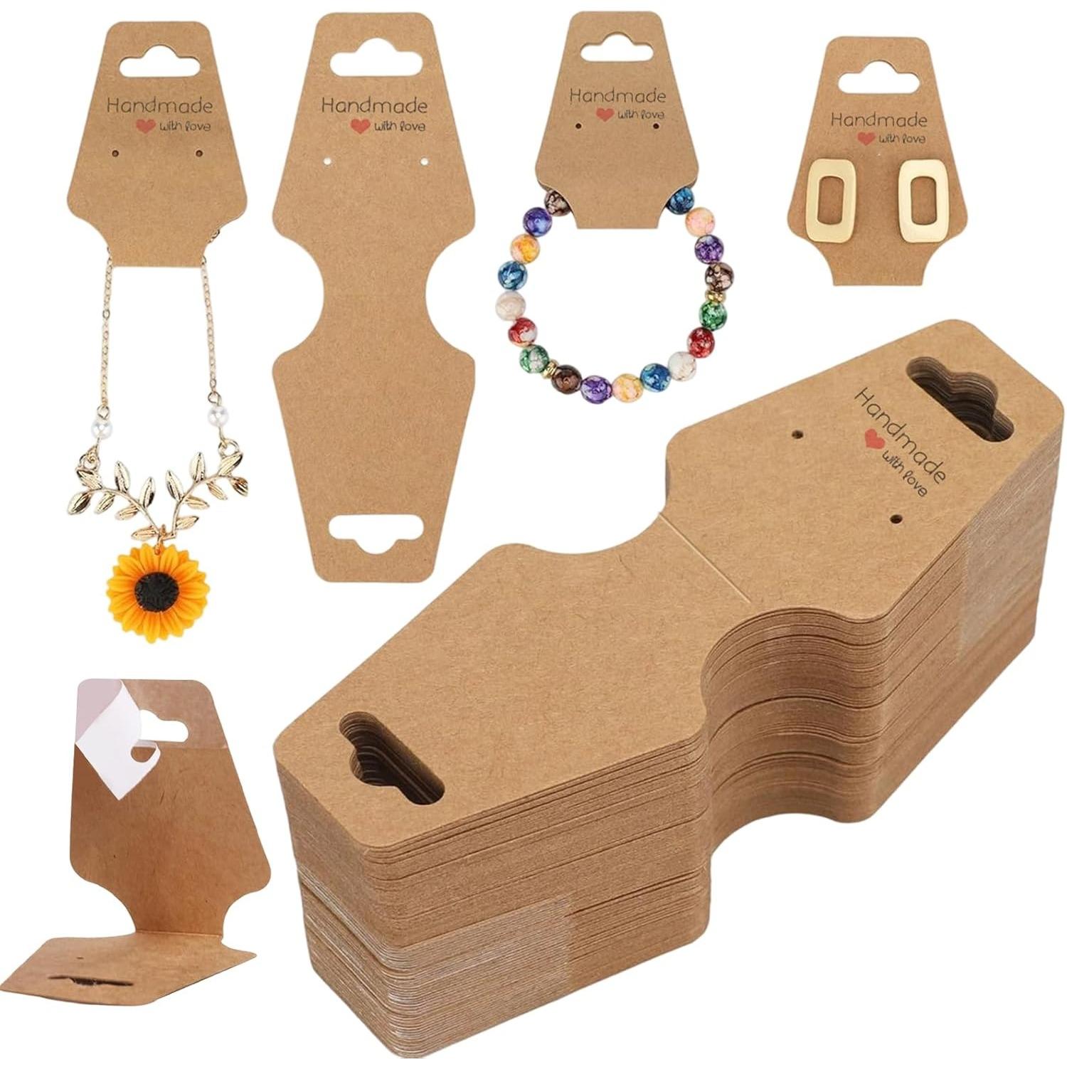 100 PCS Jewellery Display Cards, Self-Adhesive Kraft Hanging Display Card, Necklace, Bracelet, Earring, Keyring Display Cards 100-Pack
