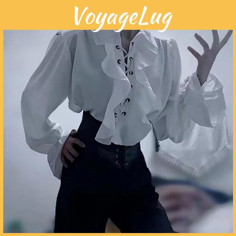 Victorian Womens Gothic Men Style Blouse Vintage Renaissance Pirate Prince Poet Shirt With Frills Laceup Medieval Buccaneer Top