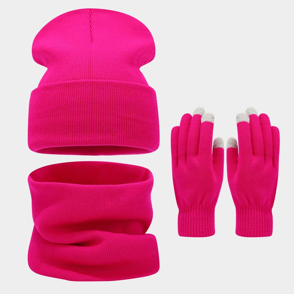 Winter Outdoor Big Head Pure Color Face Slimming Hat Scarf Gloves Set For Adults