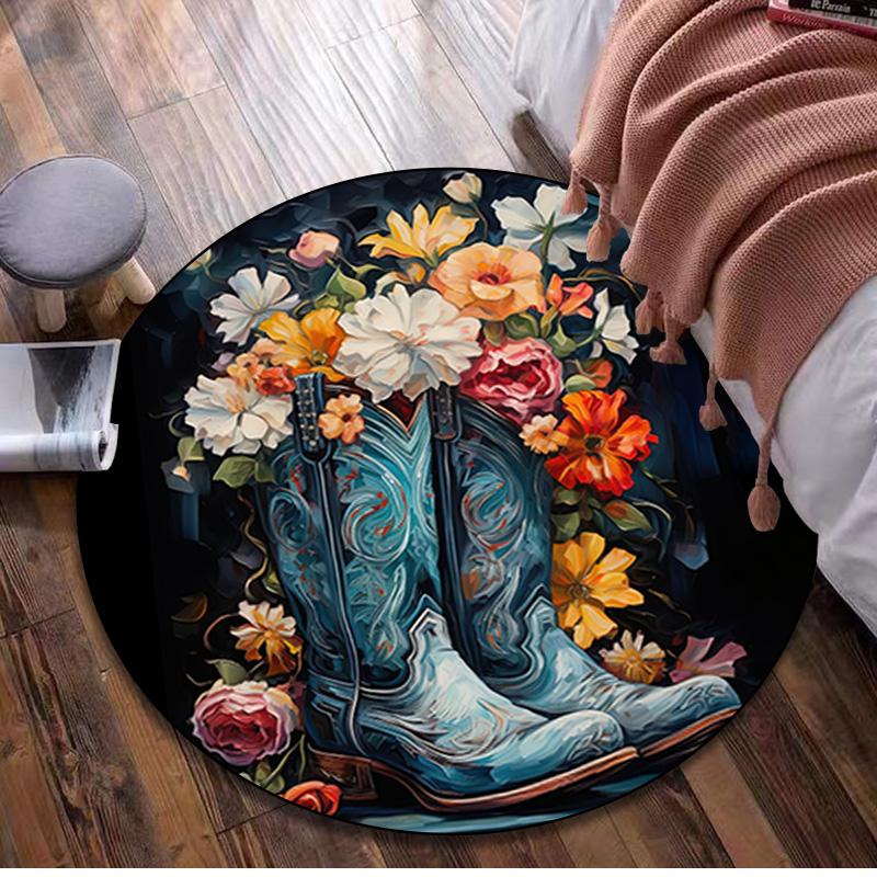 Cowgirl Boots Hat Circular Rug Office Decorative Carpet For Living Room Bedroom Door Mat Floor Carpet Computer Chair Area Rug