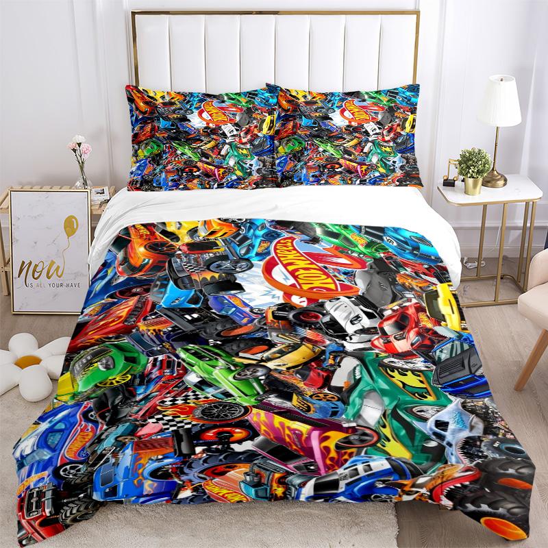 Hot Wheels Bedding 3 Piece Set HD Print Duvet Cover Pillowcases for Teens Adult Bedroom Decoration Christmas Gift
