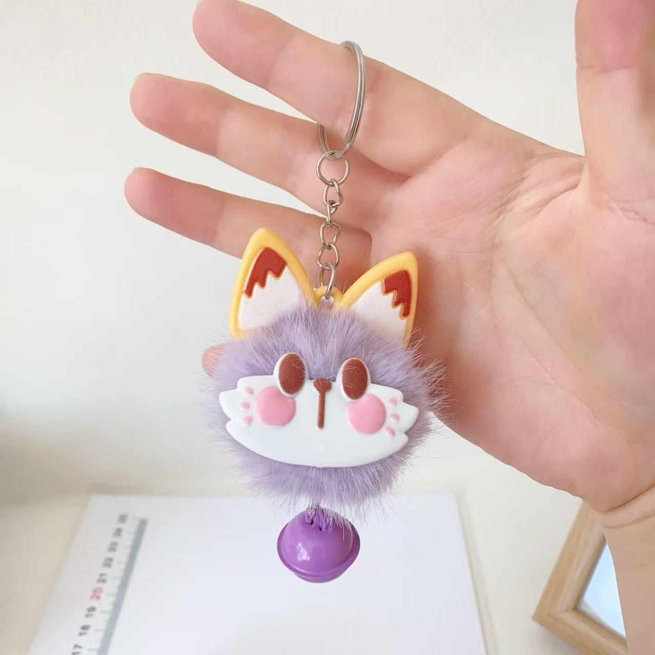 Lucky Cat Fluffy Bell Keychain Plush Charm фиолетовый