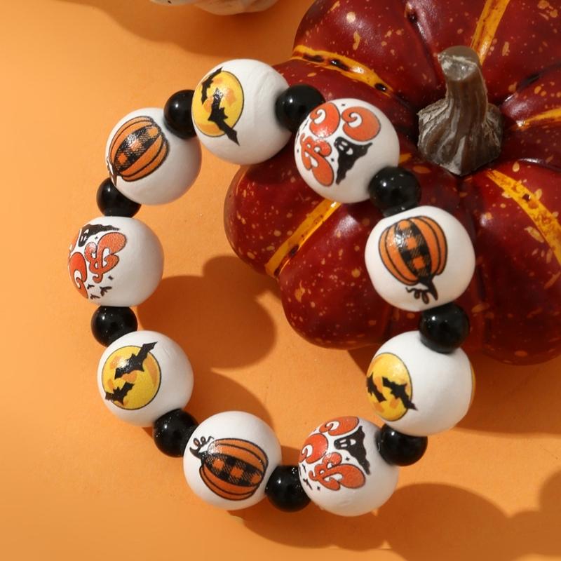Skull Pumpkin Spiders Bead Bangle Simple Halloween Beaded Bracelet Wristband Adjustable Elastic Bangle Statement Jewelry