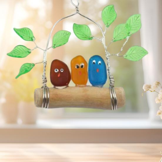 Colorful Bird Perch Seaglass Decoration Handmade Sea Glass Multicolor Bird on Branch Wall Art Sea Glass Artwork Wall Hanging Ornament